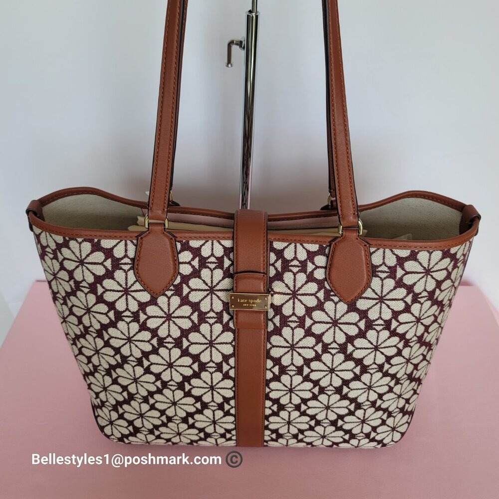 KATE SPADE Spade-Flower Jacquard and Leather Medium Open Tote- Burgundy Multi⭐ - Picture 4 of 16